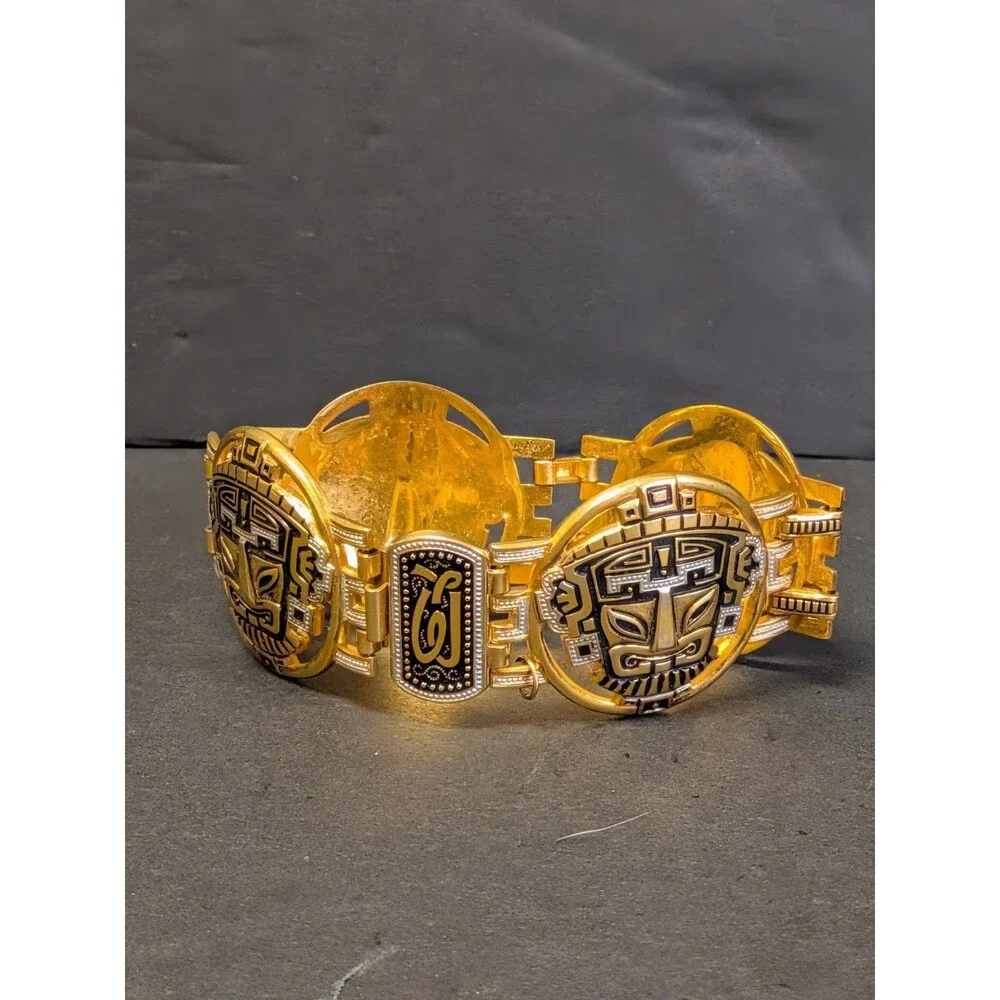 Vintage Gold Tribal Damascene Mask Bracelet 7